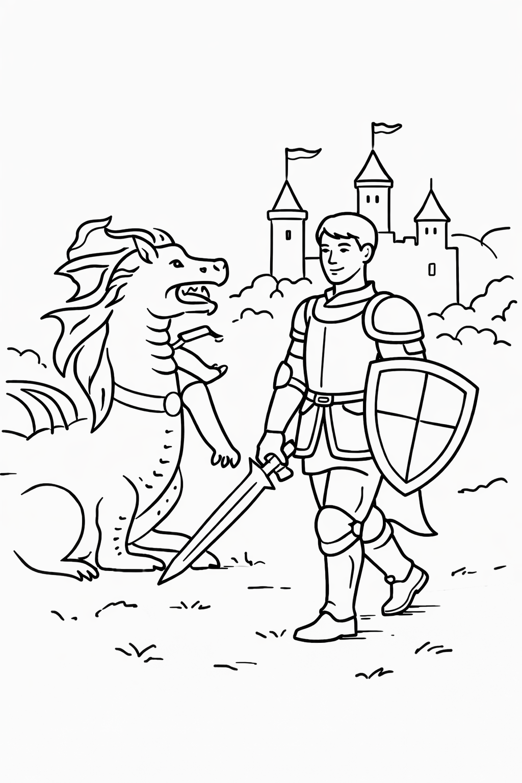 Knight standing with a dragon and castle illustration